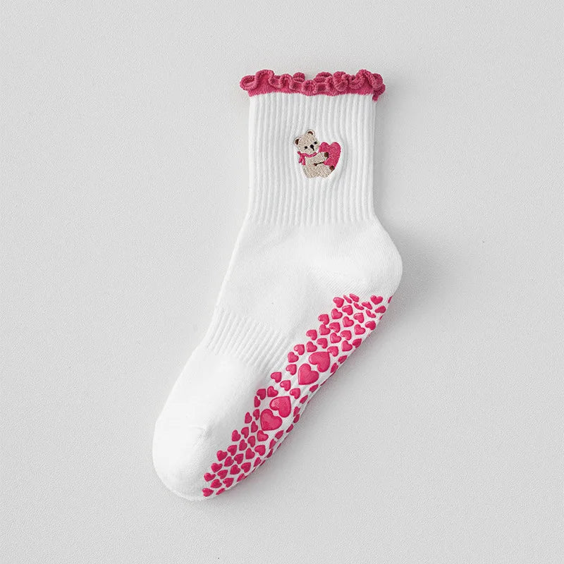 Elevate Your Yoga Practice with Stylish Cherry Embroidered Cotton Yoga Socks - Non-Slip Grip for Ultimate Comfort