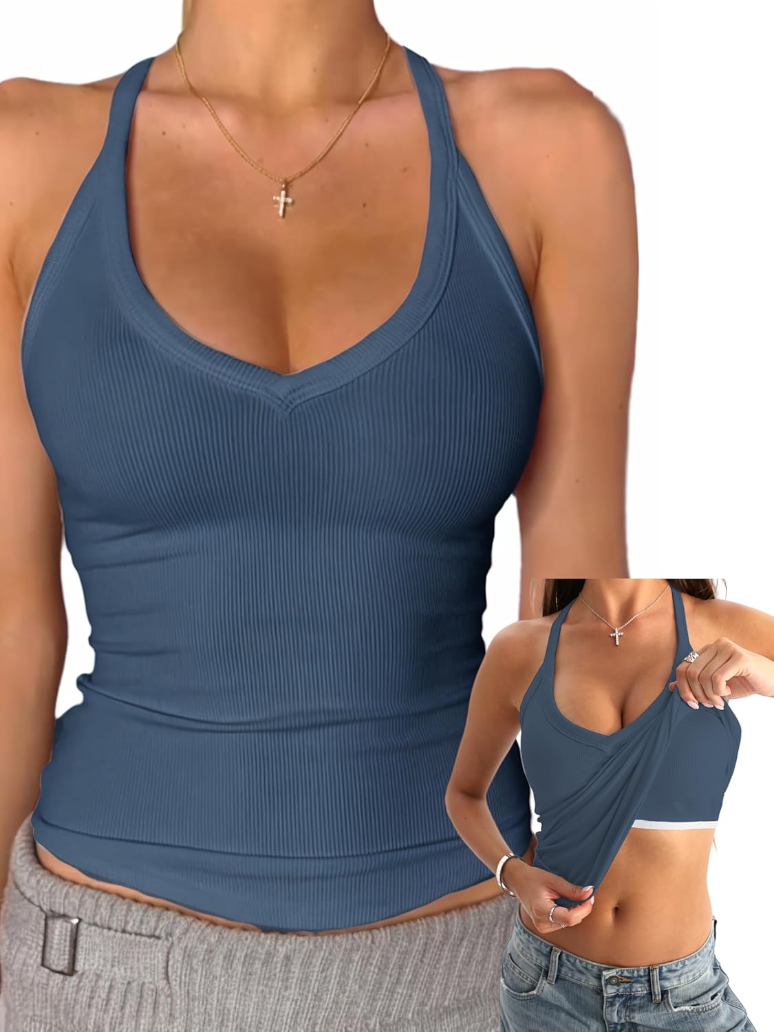 Danysu V Neck Cotton Tank Tops with Built-in Shelf Bra Sleeveless Racerback Fitted Basic Cami Shirts