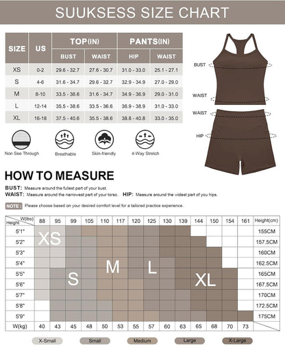 SUUKSESS Women 2 Piece Workout Sets High Waisted Biker Shorts with Pockets Built in bra Racerback Tank Tops