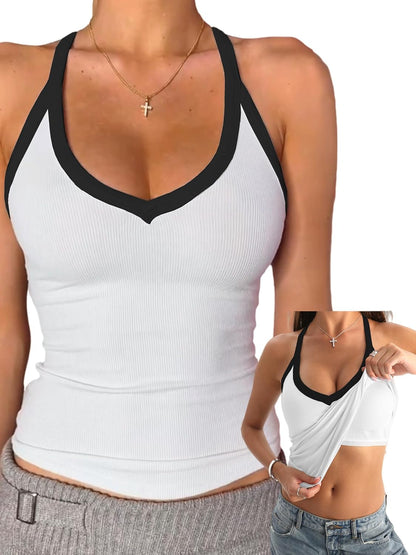 Danysu V Neck Cotton Tank Tops with Built-in Shelf Bra Sleeveless Racerback Fitted Basic Cami Shirts