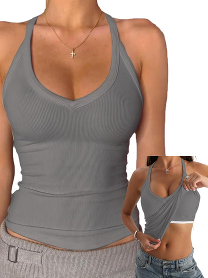 Danysu V Neck Cotton Tank Tops with Built-in Shelf Bra Sleeveless Racerback Fitted Basic Cami Shirts