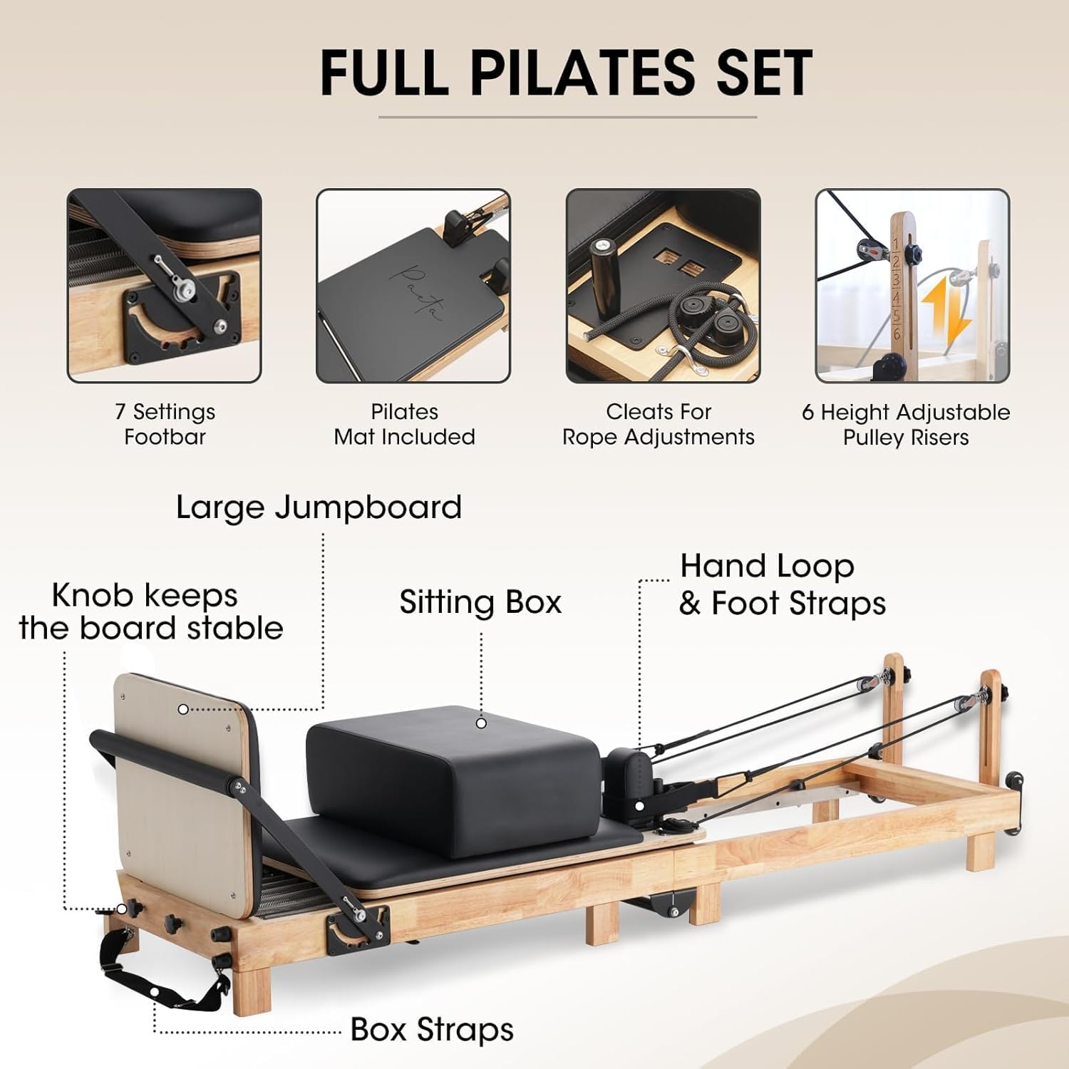 Transform Your Home Workouts with the PAETA 92" Wooden Pilates Reformer - Complete Pilates Machine with Springs, Jump Board, and Accessories for Studio Quality Fitness at Home