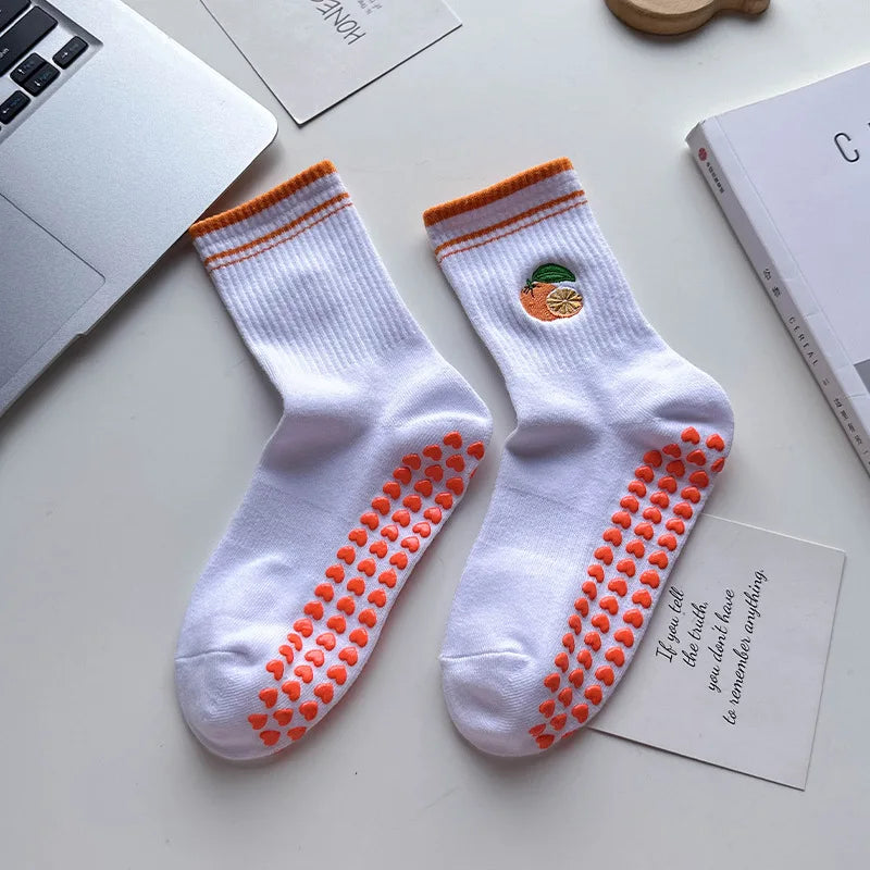 Elevate Your Yoga Practice with Stylish Cherry Embroidered Cotton Yoga Socks - Non-Slip Grip for Ultimate Comfort