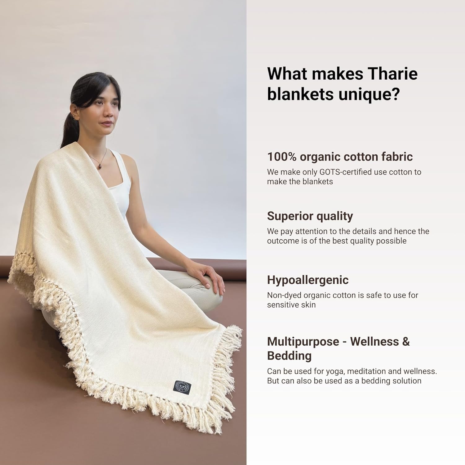 Tharie Handwoven Gots-Certified Organic Cotton Blanket, Lightweight & Breathable, 142 X 200 Cm