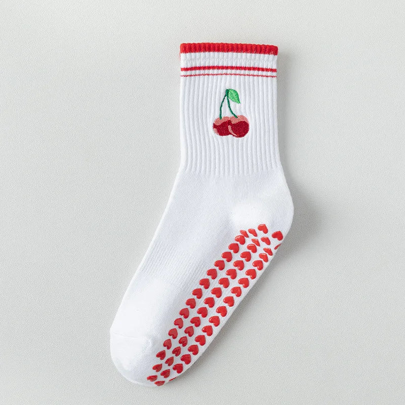Elevate Your Yoga Practice with Stylish Cherry Embroidered Cotton Yoga Socks - Non-Slip Grip for Ultimate Comfort