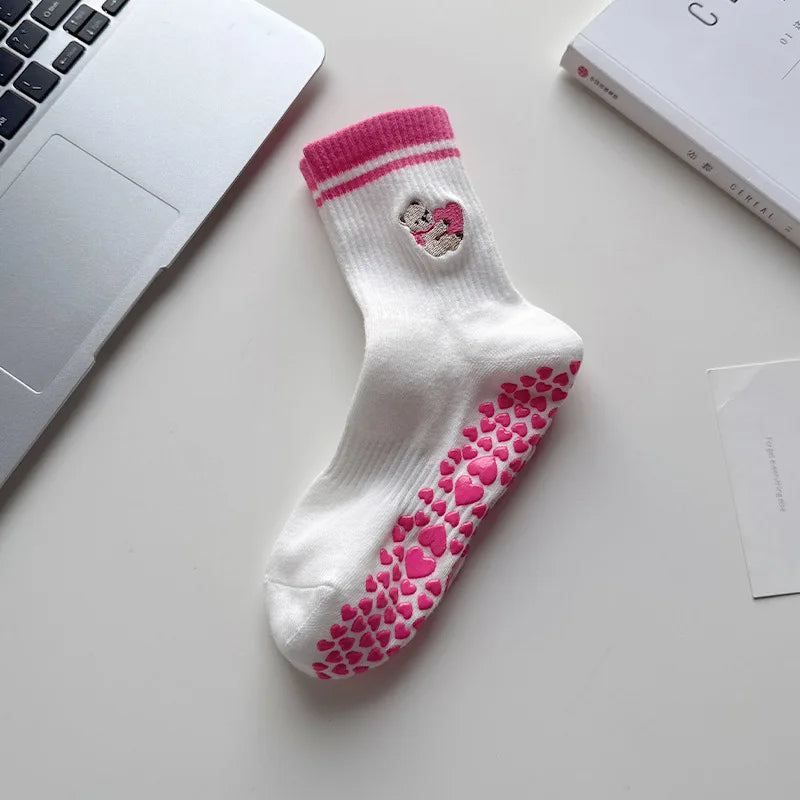 Elevate Your Yoga Practice with Stylish Cherry Embroidered Cotton Yoga Socks - Non-Slip Grip for Ultimate Comfort