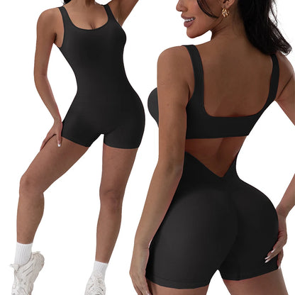 1PCS Backless Yoga Suit U Neck Sleeveless Sports Jumpsuit Solid Colour Threaded Stretch Women Bodysu...