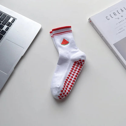 Elevate Your Yoga Practice with Stylish Cherry Embroidered Cotton Yoga Socks - Non-Slip Grip for Ultimate Comfort