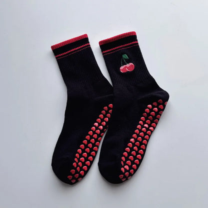 Elevate Your Yoga Practice with Stylish Cherry Embroidered Cotton Yoga Socks - Non-Slip Grip for Ultimate Comfort