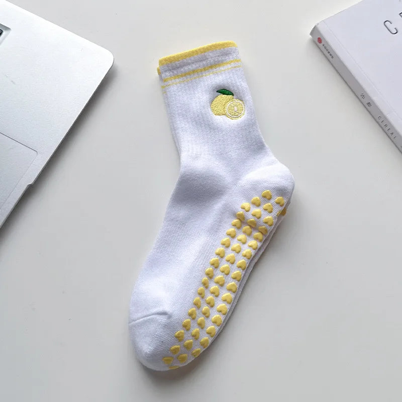 Elevate Your Yoga Practice with Stylish Cherry Embroidered Cotton Yoga Socks - Non-Slip Grip for Ultimate Comfort