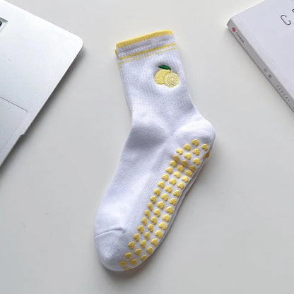 Elevate Your Yoga Practice with Stylish Cherry Embroidered Cotton Yoga Socks - Non-Slip Grip for Ultimate Comfort