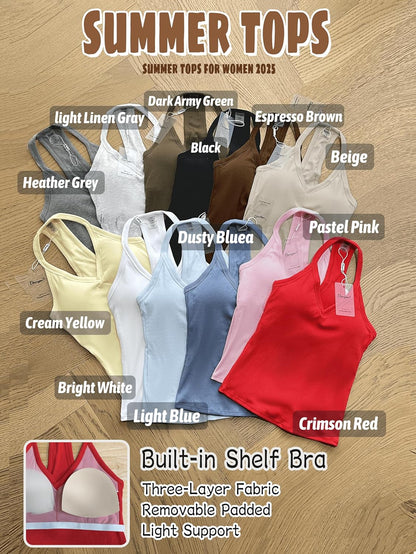 Danysu V Neck Cotton Tank Tops with Built-in Shelf Bra Sleeveless Racerback Fitted Basic Cami Shirts