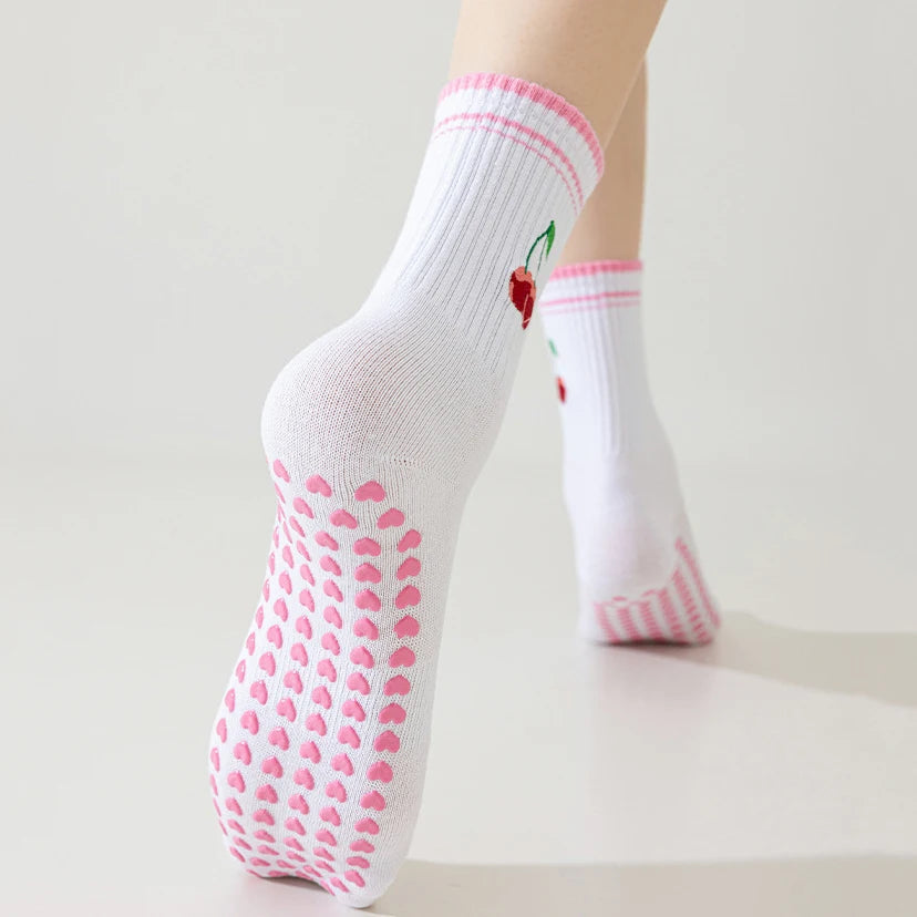Elevate Your Yoga Practice with Stylish Cherry Embroidered Cotton Yoga Socks - Non-Slip Grip for Ultimate Comfort