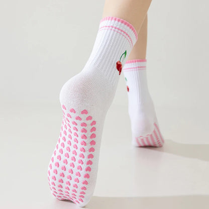 Elevate Your Yoga Practice with Stylish Cherry Embroidered Cotton Yoga Socks - Non-Slip Grip for Ultimate Comfort