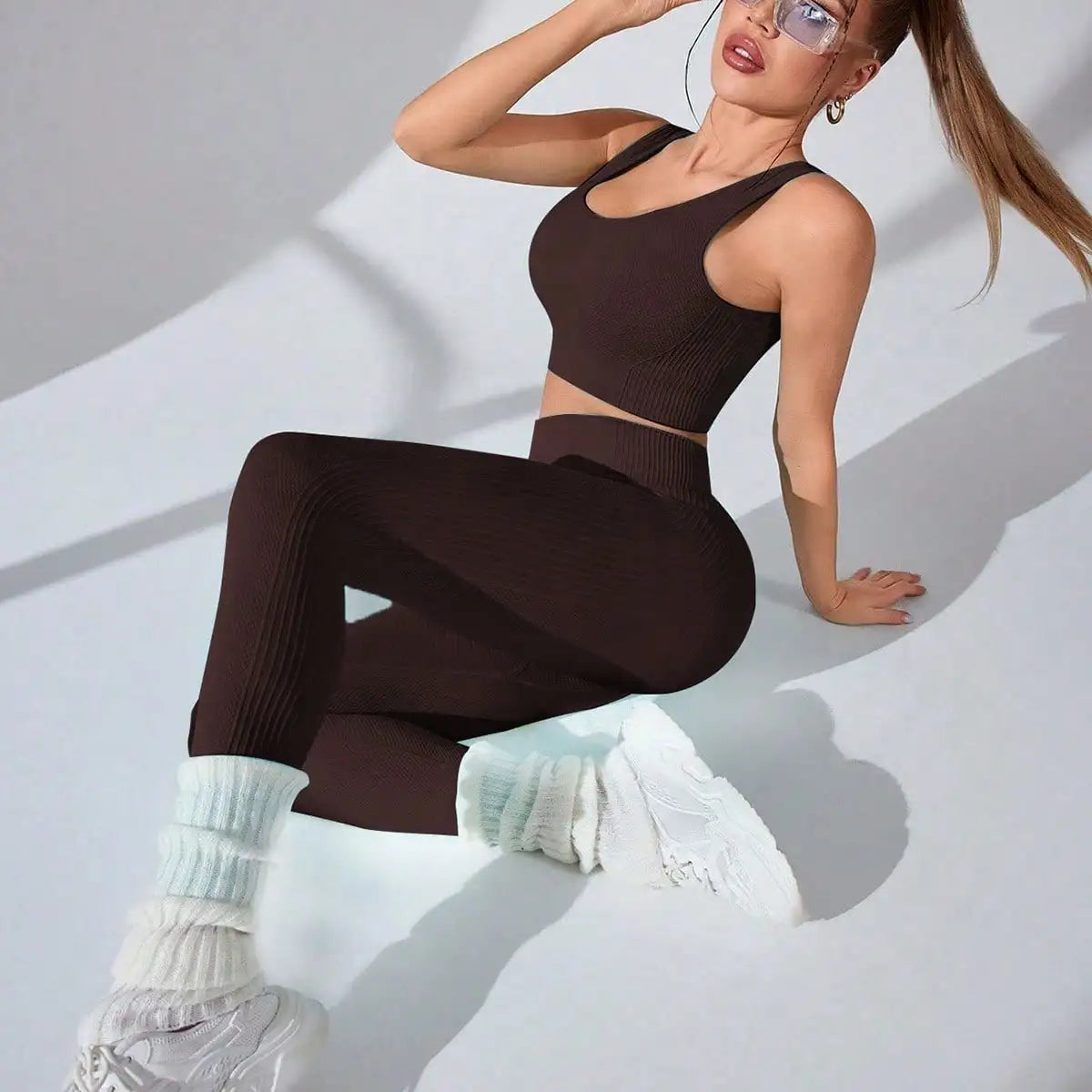 Elevate Your Workout with Our Women’s 2 Piece Seamless Yoga Leggings and Cross-Strap Sports Bra Set