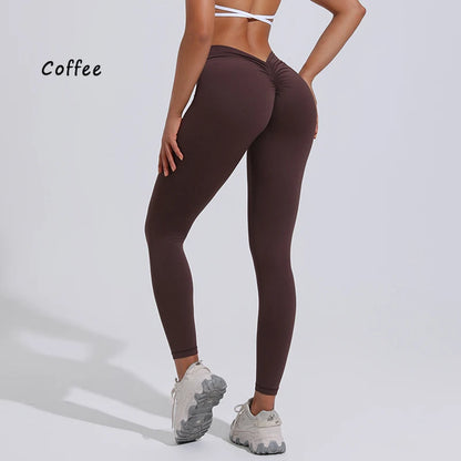 Women's brown yoga pants with high V-waist design, featuring a flattering buttocks lifting silhouette.