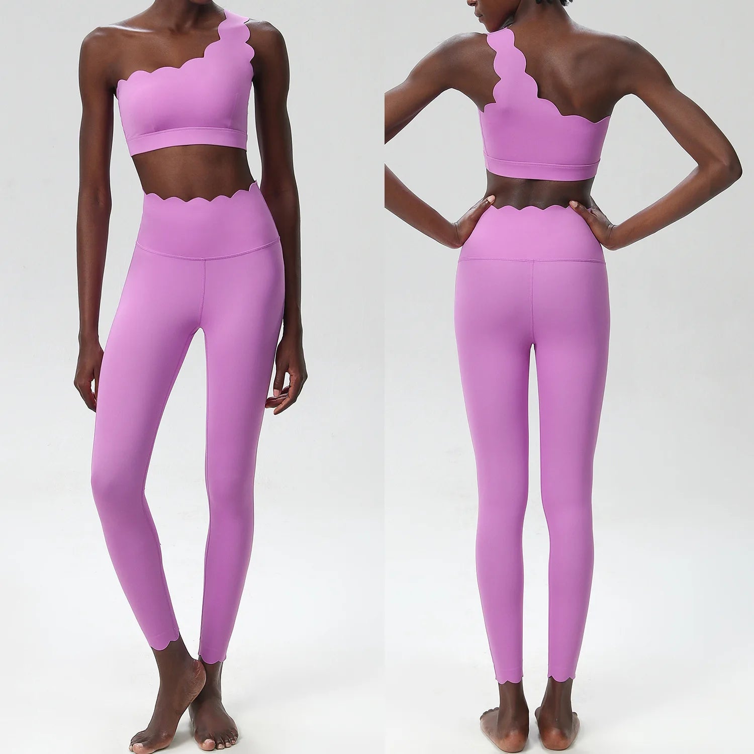Two-piece pink fitness yoga set featuring scalloped edges and form-fitting leggings, showcasing elegance and style.