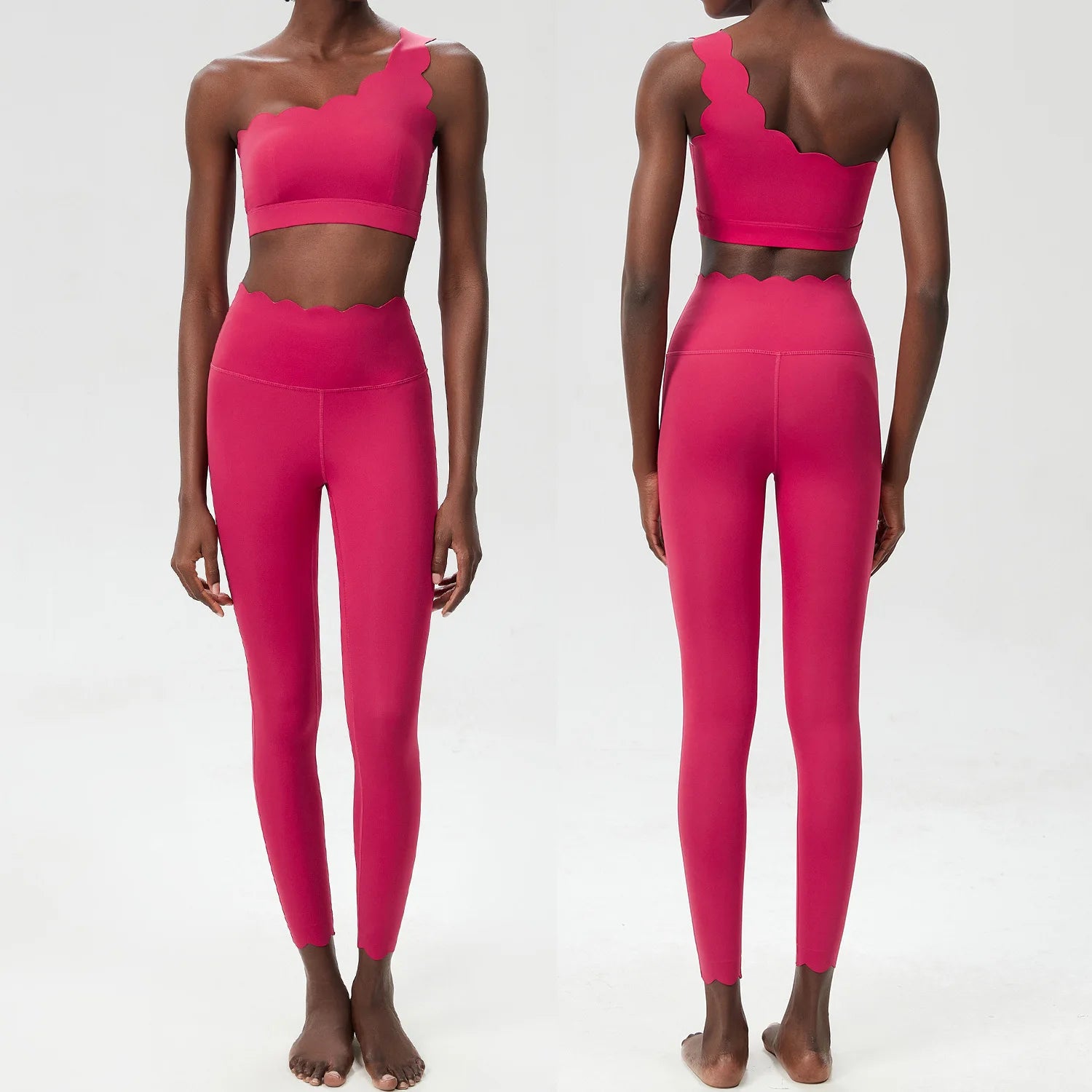 Vibrant pink two-piece fitness yoga set featuring a one-shoulder top with scalloped edges and form-fitting leggings.