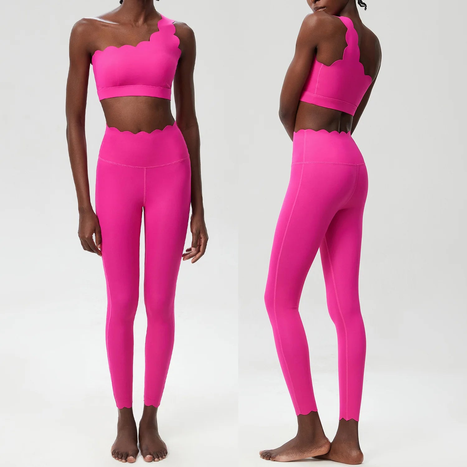 Bright pink two-piece fitness set featuring a crop top and scalloped edge leggings, designed for stylish workouts.
