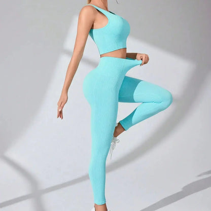 Elevate Your Workout with Our Women’s 2 Piece Seamless Yoga Leggings and Cross-Strap Sports Bra Set