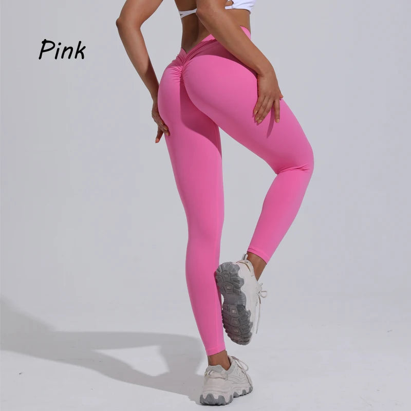 Vibrant pink women's yoga pants featuring a high V-waist design that enhances the silhouette and accentuates the buttocks.