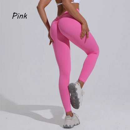Vibrant pink women's yoga pants featuring a high V-waist design that enhances the silhouette and accentuates the buttocks.