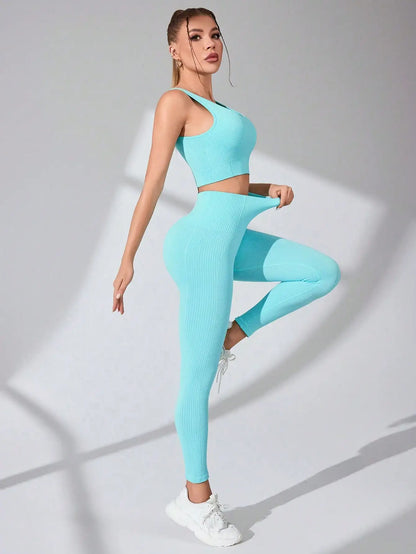 Elevate Your Workout with Our Women’s 2 Piece Seamless Yoga Leggings and Cross-Strap Sports Bra Set