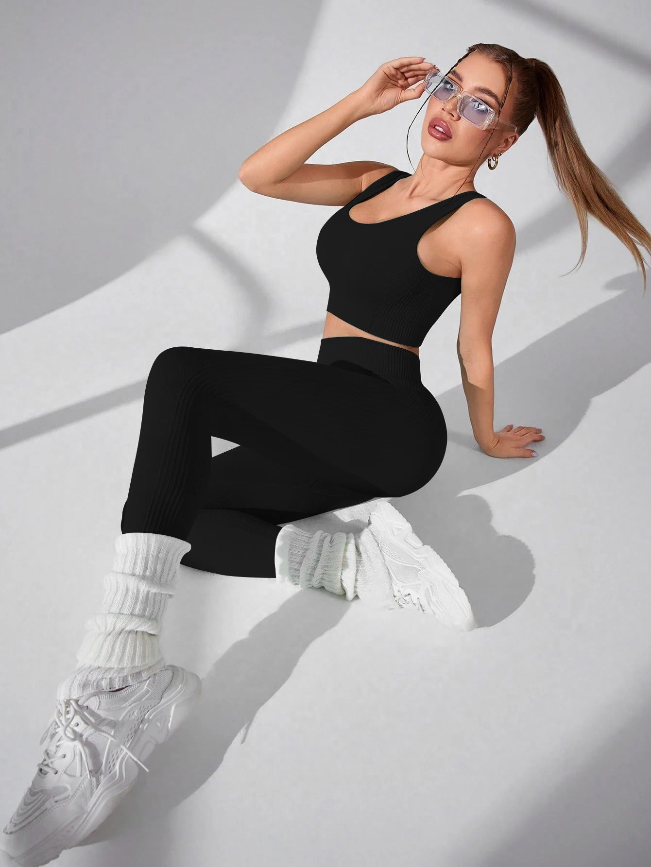 Elevate Your Workout with Our Women’s 2 Piece Seamless Yoga Leggings and Cross-Strap Sports Bra Set