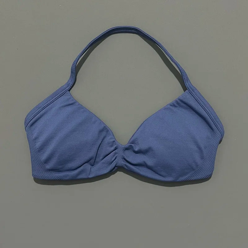 HISTELLO Impacts Strappy Bra Gym Top Women High Support Thin Strap Halter Sports Seamless Bra Scrunch Push-up Workout Yoga Tanks