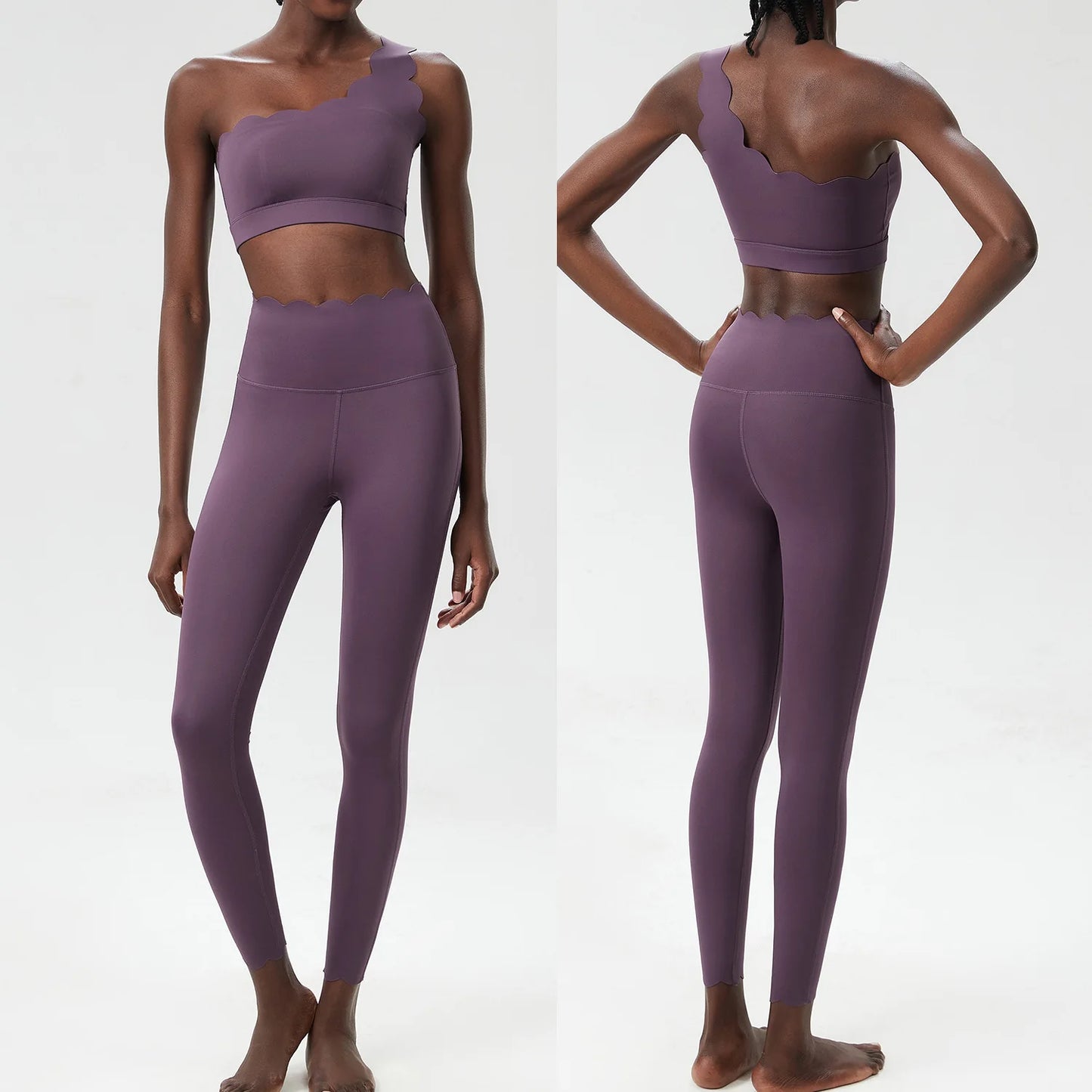 Stylish two-piece fitness yoga set featuring a cropped top with unique shoulder design and high-waisted leggings in muted purple.