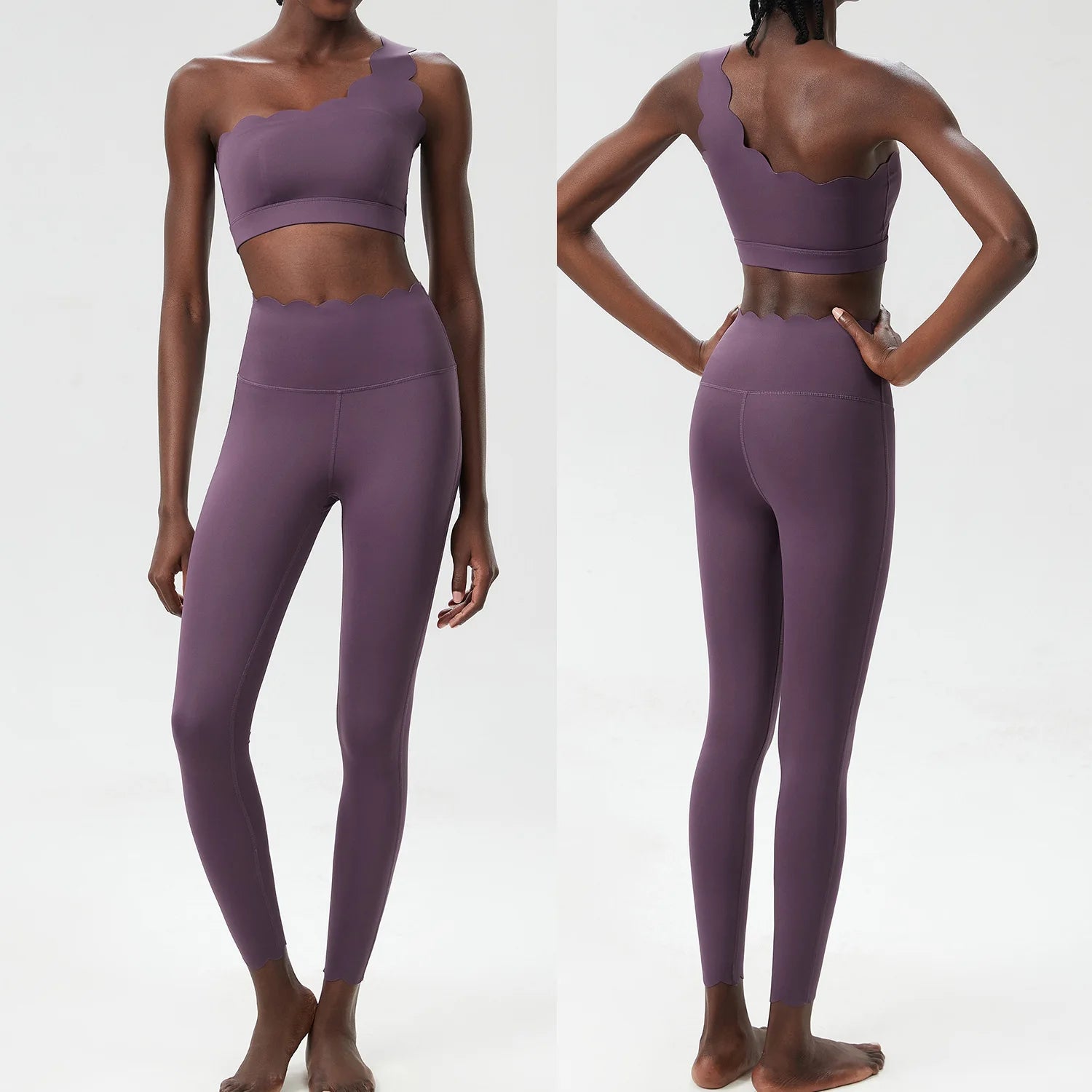 Stylish two-piece fitness yoga set featuring a cropped top with unique shoulder design and high-waisted leggings in muted purple.