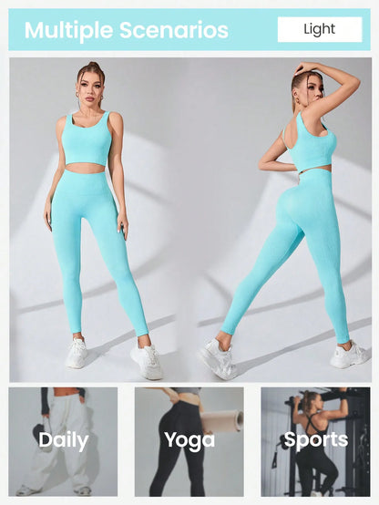 Elevate Your Workout with Our Women’s 2 Piece Seamless Yoga Leggings and Cross-Strap Sports Bra Set