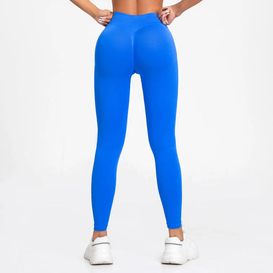 High-waisted ribbed leggings in bright blue with a flattering scrunch design, perfect for stylish workouts.