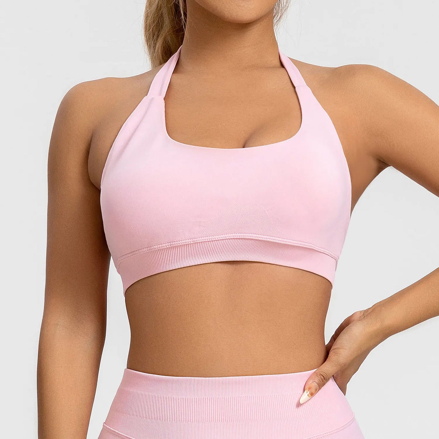 NCLAGEN Impact Women's Seamless Halter Sports Bra – High-Support Push-Up, Open-Back, Gym & Yoga Workout Wear