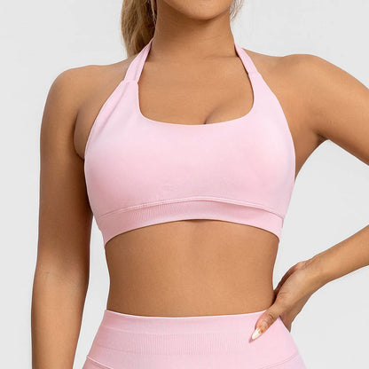 NCLAGEN Impact Women's Seamless Halter Sports Bra – High-Support Push-Up, Open-Back, Gym & Yoga Workout Wear