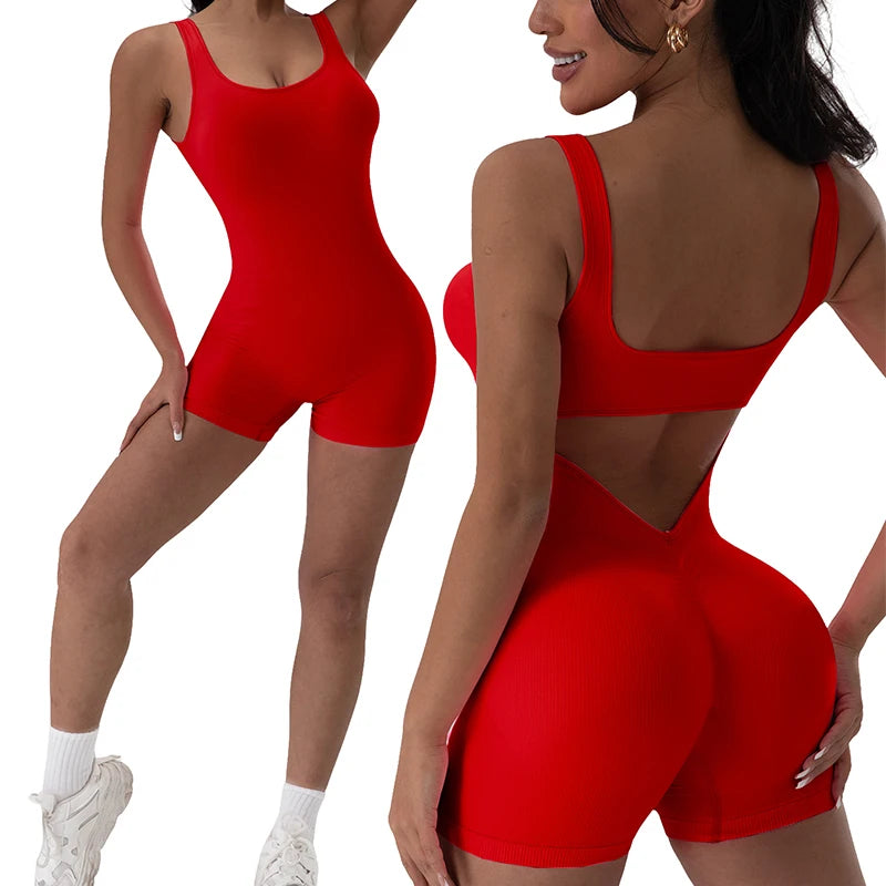 1PCS Backless Yoga Suit U Neck Sleeveless Sports Jumpsuit Solid Colour Threaded Stretch Women Bodysu...