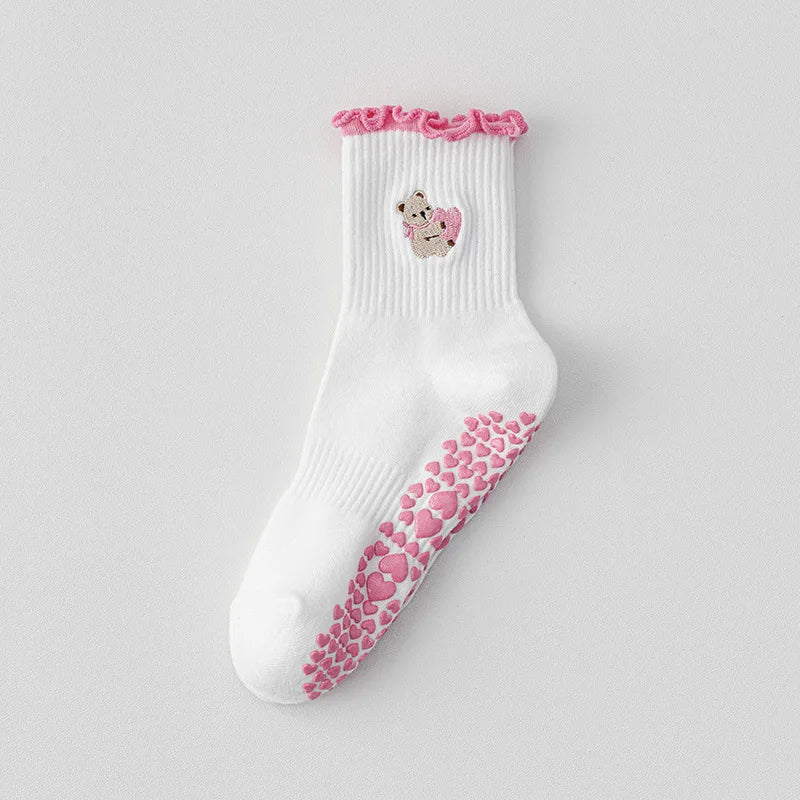 Elevate Your Yoga Practice with Stylish Cherry Embroidered Cotton Yoga Socks - Non-Slip Grip for Ultimate Comfort
