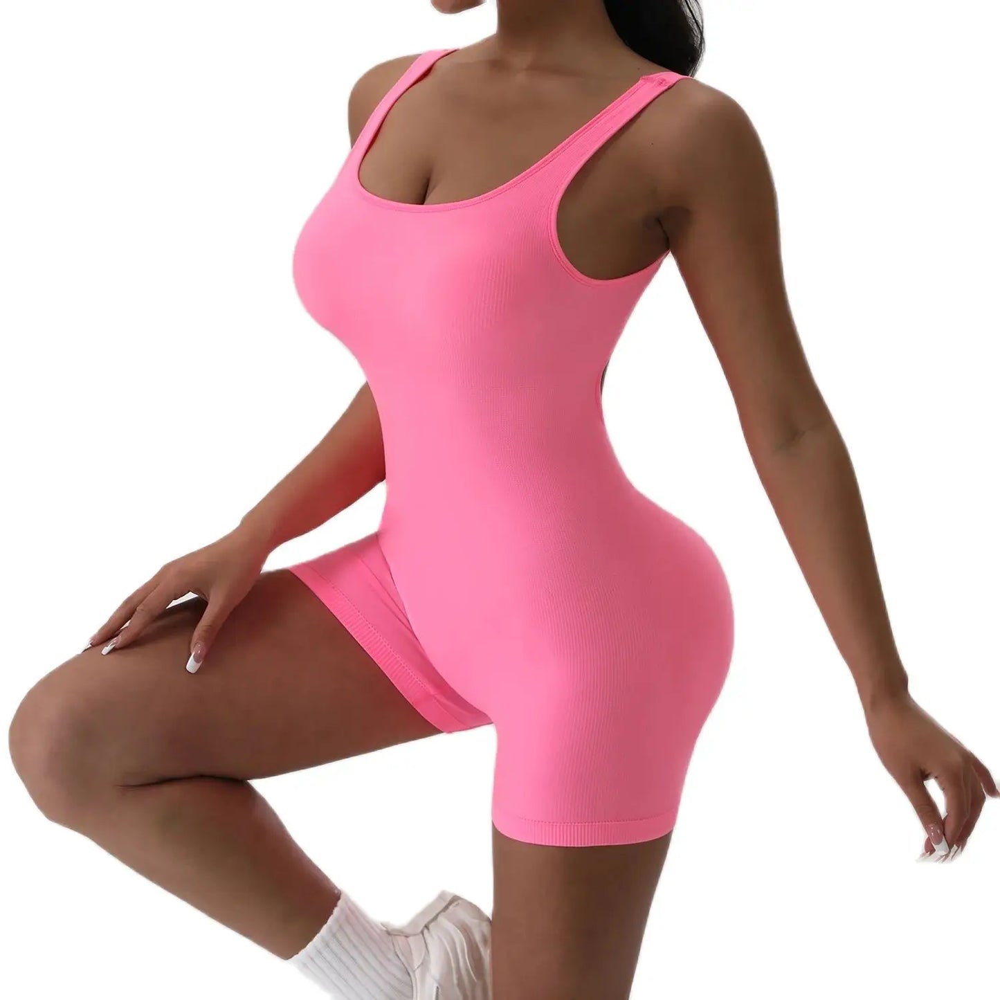 1PCS Backless Yoga Suit U Neck Sleeveless Sports Jumpsuit Solid Colour Threaded Stretch Women Bodysu...