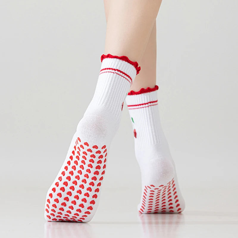 Elevate Your Yoga Practice with Stylish Cherry Embroidered Cotton Yoga Socks - Non-Slip Grip for Ultimate Comfort