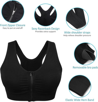 Elevate Your Comfort with the Women’s Zip Front Wireless Post-Surgery Sports Bra - Perfect for Yoga and Active Living