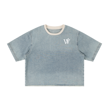 Unisex Vintage Wash Boxy Raw Hem Denim T-Shirt