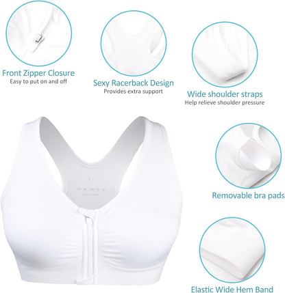 Elevate Your Comfort with the Women's Zip Front Wireless Post-Surgery Sports Bra - Perfect for Yoga and Active Wear