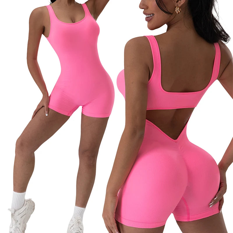 1PCS Backless Yoga Suit U Neck Sleeveless Sports Jumpsuit Solid Colour Threaded Stretch Women Bodysu...