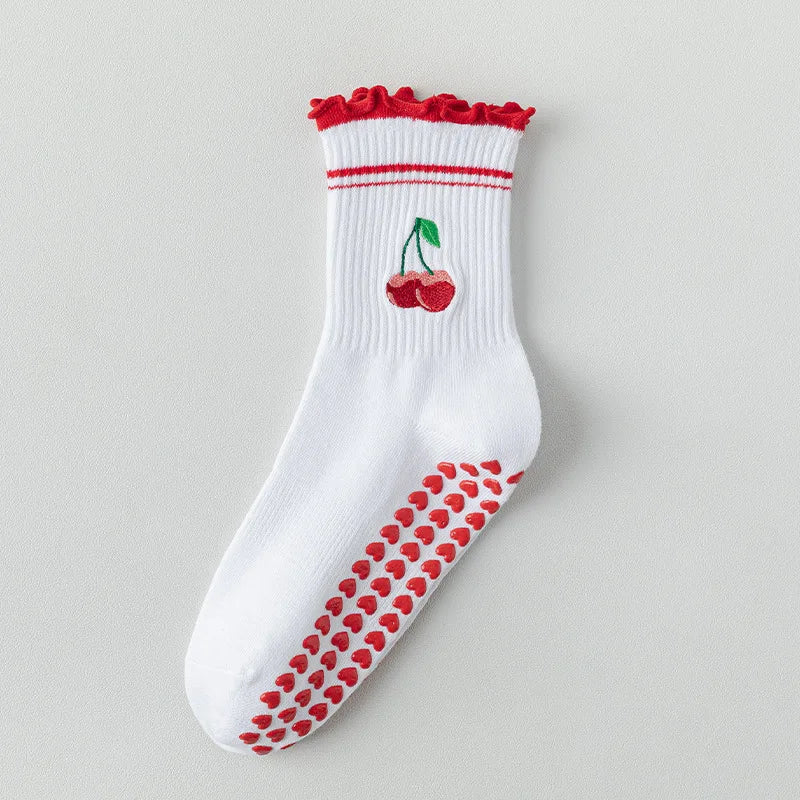 Elevate Your Yoga Practice with Stylish Cherry Embroidered Cotton Yoga Socks - Non-Slip Grip for Ultimate Comfort