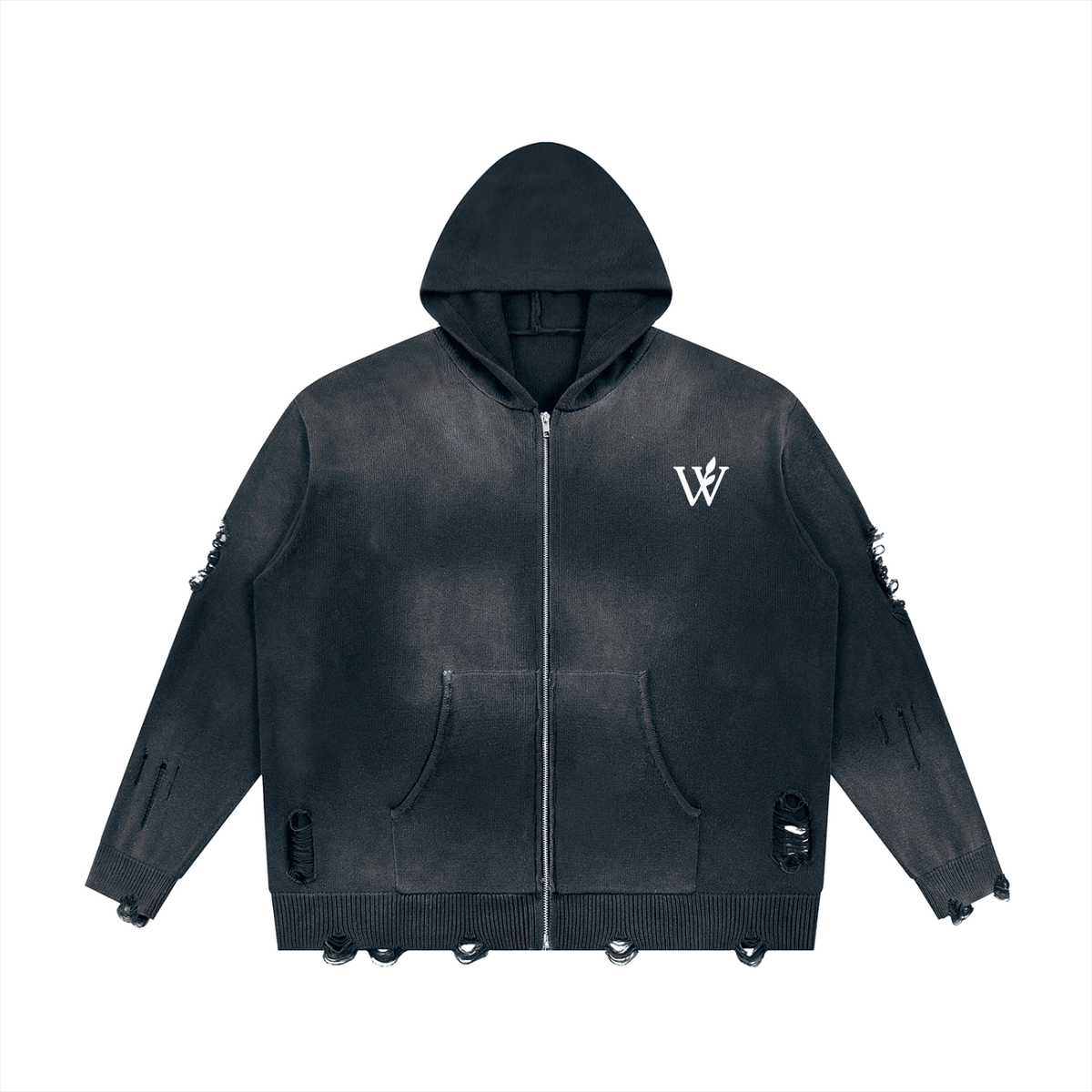 Unisex Distressed Full Zip Sweater
