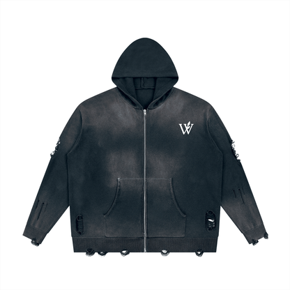 Unisex Distressed Full Zip Sweater
