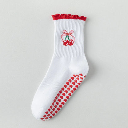 Elevate Your Yoga Practice with Stylish Cherry Embroidered Cotton Yoga Socks - Non-Slip Grip for Ultimate Comfort