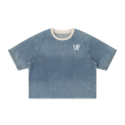 Unisex Vintage Wash Boxy Raw Hem Denim T-Shirt