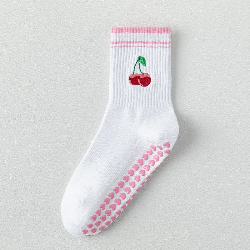 Elevate Your Yoga Practice with Stylish Cherry Embroidered Cotton Yoga Socks - Non-Slip Grip for Ultimate Comfort
