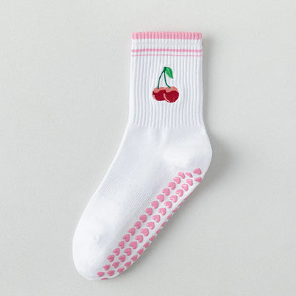Elevate Your Yoga Practice with Stylish Cherry Embroidered Cotton Yoga Socks - Non-Slip Grip for Ultimate Comfort